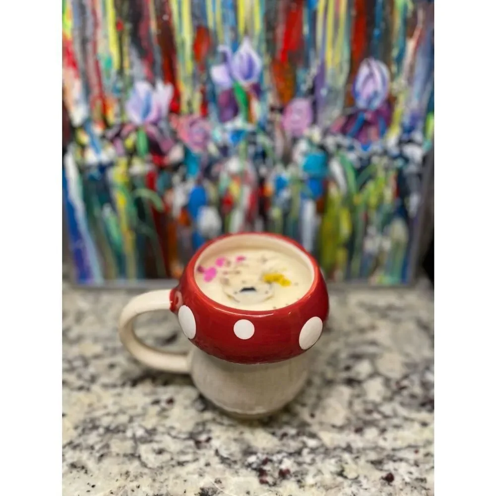 Market Square Mushroom Shaped Red Polka Dot Ceramic Mug Glittery Flower Candle
